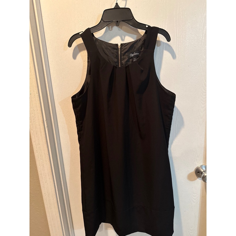 Oleg Cassini Black Sleeveless Shift Dress Pleated Neck Gold Back Zip Size 6